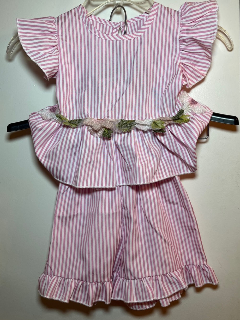 Pink Striped Girls' Matching Set with Floral Trim